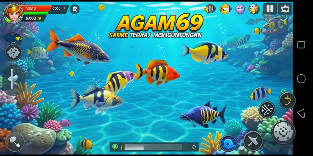 Tampilan gameplay AGAM69 yang penuh warna dengan aksi menembak ikan.