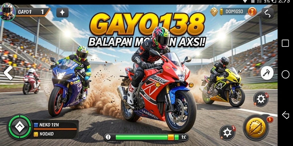Screenshot GAYO138 yang menampilkan aksi balapan motor yang intens.