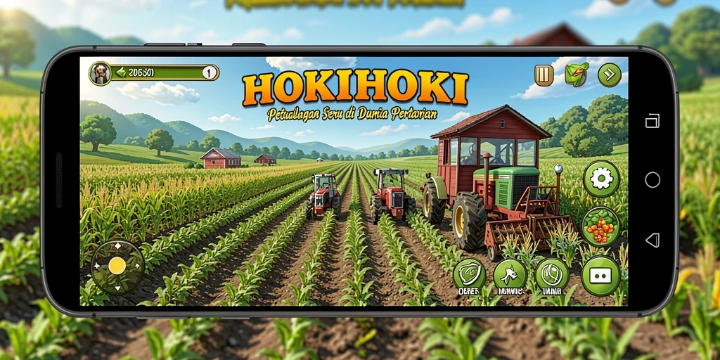 Tampilan gameplay seru di <strong>HOKIHOKI</strong> yang menunjukkan pertanian yang subur dan beragam aktivitas.
