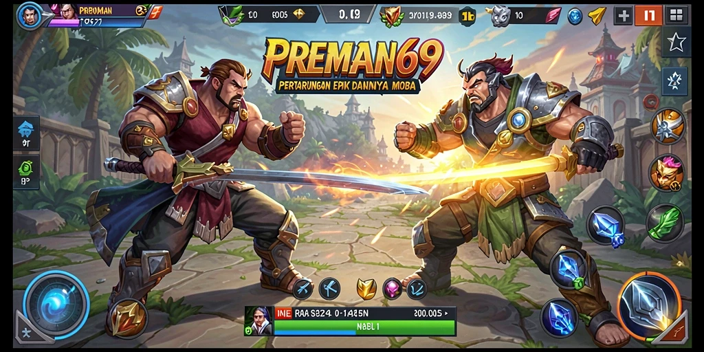 Tangkapan layar gameplay PREMAN69 yang menampilkan aksi pertarungan yang seru dan karakter unik.