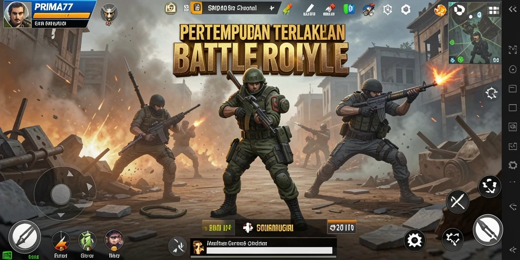 Screenshot utama PRIMA77 menampilkan aksi intens battle royale.