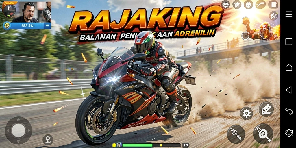 Tampilan gameplay menegangkan di trek balapan motor RAJAKING.