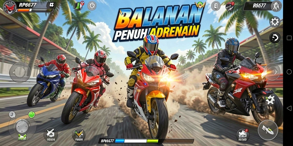 Screenshot utama menunjukkan gameplay balapan motor yang mendebarkan.