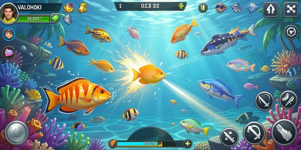 Tampilan gameplay seru di VALOHOKI dengan aksi Tembak Ikan.