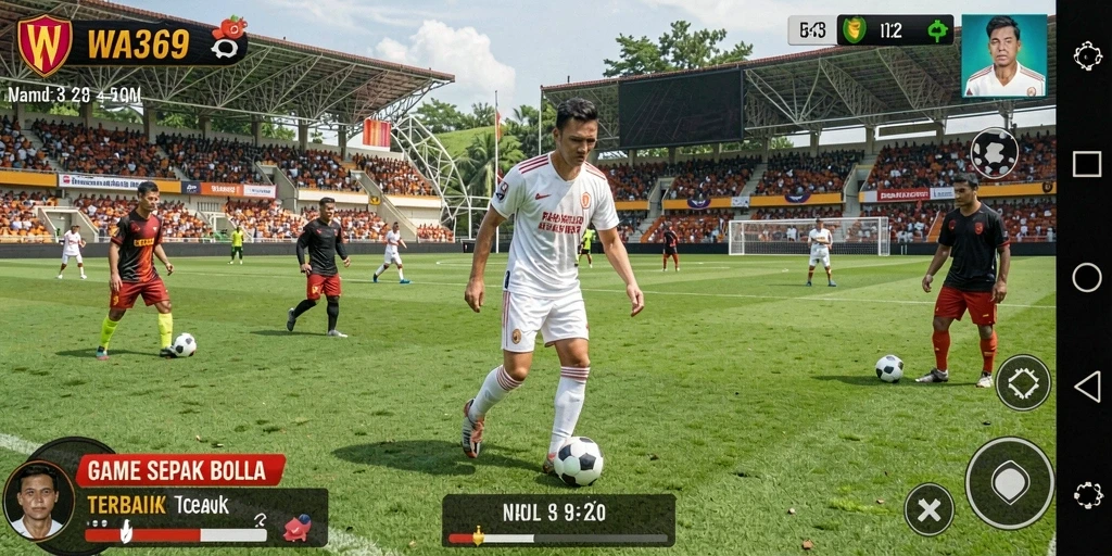 Screenshot gameplay WA369 menampilkan aksi seru di lapangan sepak bola.